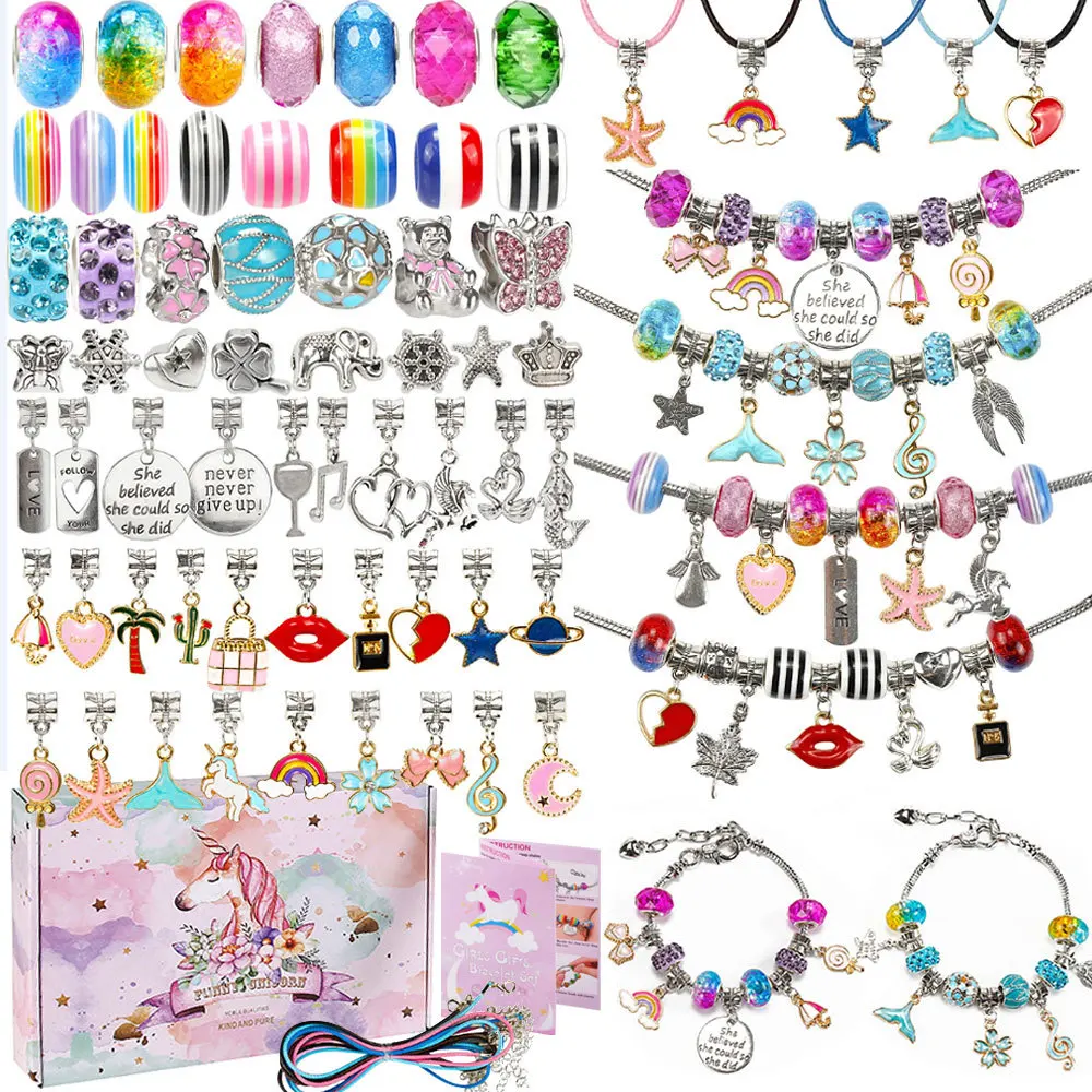 Lovely pink purple blue color box diy children unicorn bracelet beads suit
