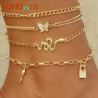 4pcsset woman anklets personality lock key charm anklet snake butterfly metal ankle bracelet summer beach accessories jewelry