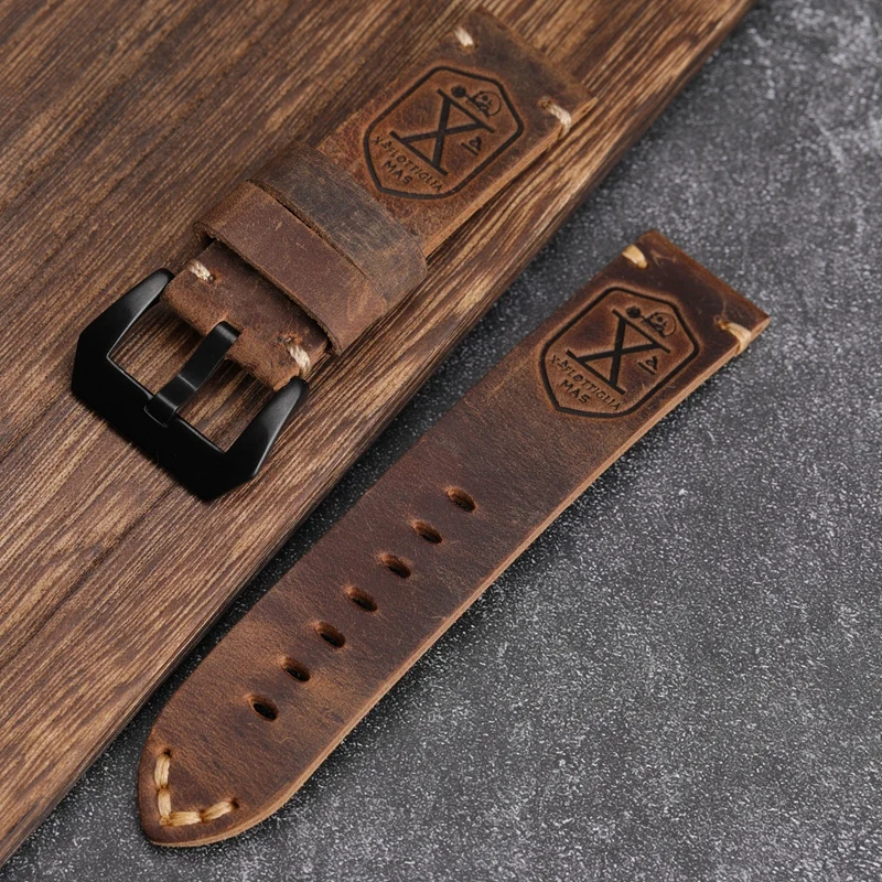 Handmade skull leather Watchband X-MEN Soldier Top Layer Leather Strap 20 22 24MM Compatible For PAM111 Soft Bracelet