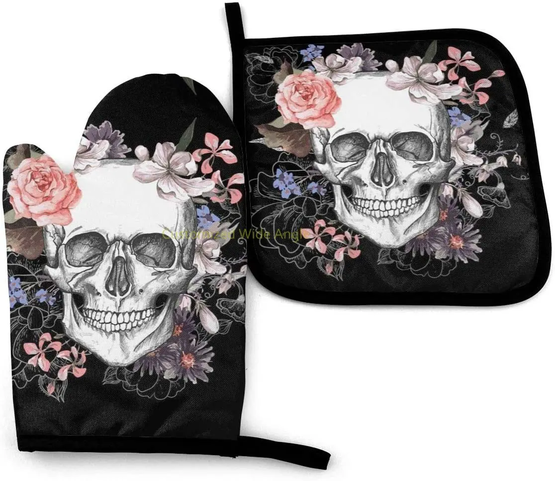 

Pink Floral Sugar Skull Flower Oven Mitt and Pot Holder Heat Resistant Oven Glove for Kitchen Cooking Baking, BBQ, Grilling