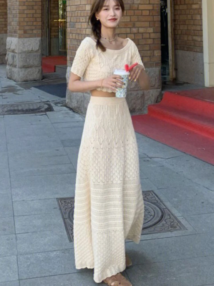 

Summer Women's Skirt Set Luxury Elegant Hook Flower Hollow Knitted Short Sleeve Top Korean Long Skirt 2 Piece Sets Women Outfit