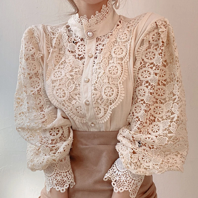 

Blouses Femme Elegant Flower Hollow Out Lace Shirt Women Blusas Mujer De Moda Stand Collar Puff Sleeve Shirts Top Women Clothing