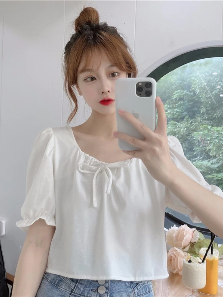 

Women's T-shirt Ladies Tops Fashion Summer Square Collar Pullover Slim Short Sleeve Bow Tie Puff Sleeves Temperament Tenafeicc
