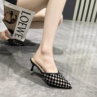 2022 new fashion mesh half drawn out womens thin heels with pointed heels flip flops