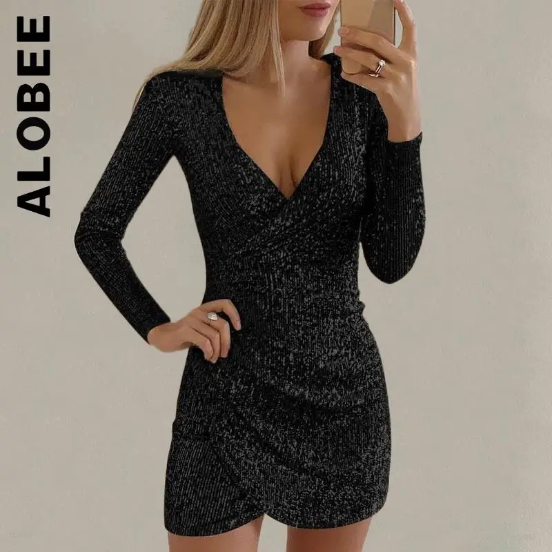 

Alobee Sexy Silver Sequined Dress Deep V Neck Sequined Mini Skinny Dress Holiday Sexy Dress Basic Soft Woman Clothes Vestidos