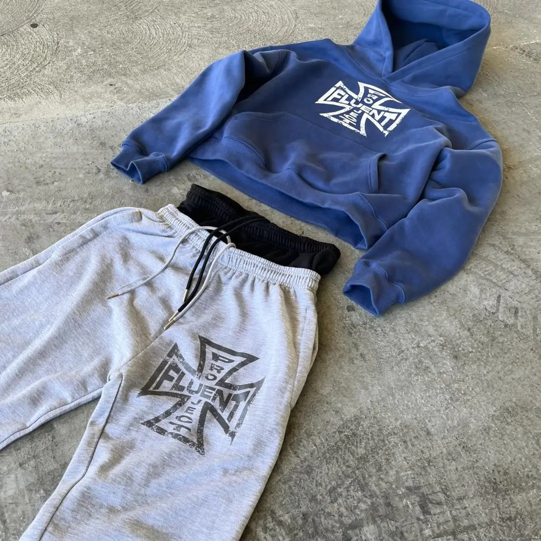 Мужская винтажная толстовка с капюшоном голубая Толстовка в стиле Харадзюку