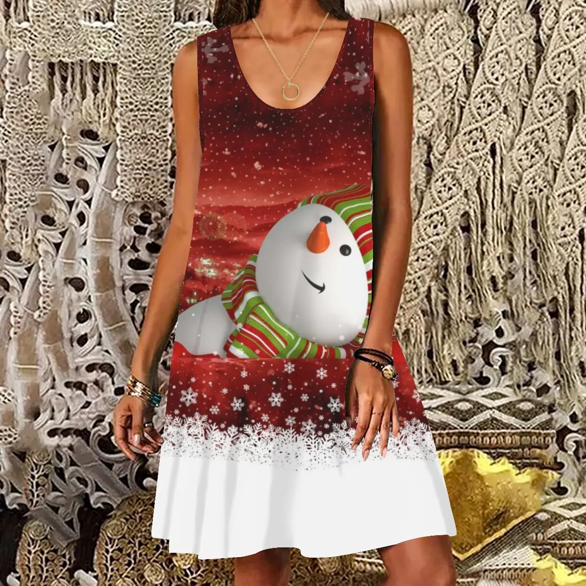 

XXS-10XL Oversized Women's Summer New Christmas Print Round Neck Sleeveless Casual Loose Dress