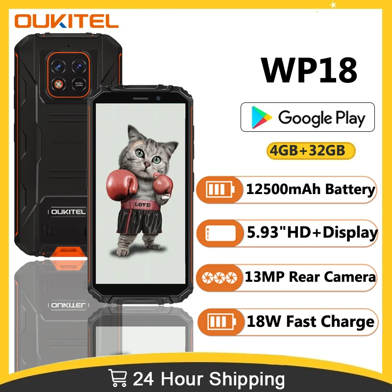 Oukitel WP18 12500mAh Smartphone IP68 & IP69K Rugged Mobile Phone 5.93'' TFT HD + Display Android 11 4GB+32GB 13MP Camera