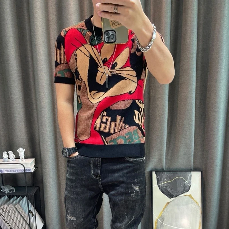 

Ice Silk Fabric Trend 2023 Summer Men's Short Sleeve T-shirt Explosion Rabbit Print All Matching Base Clothes