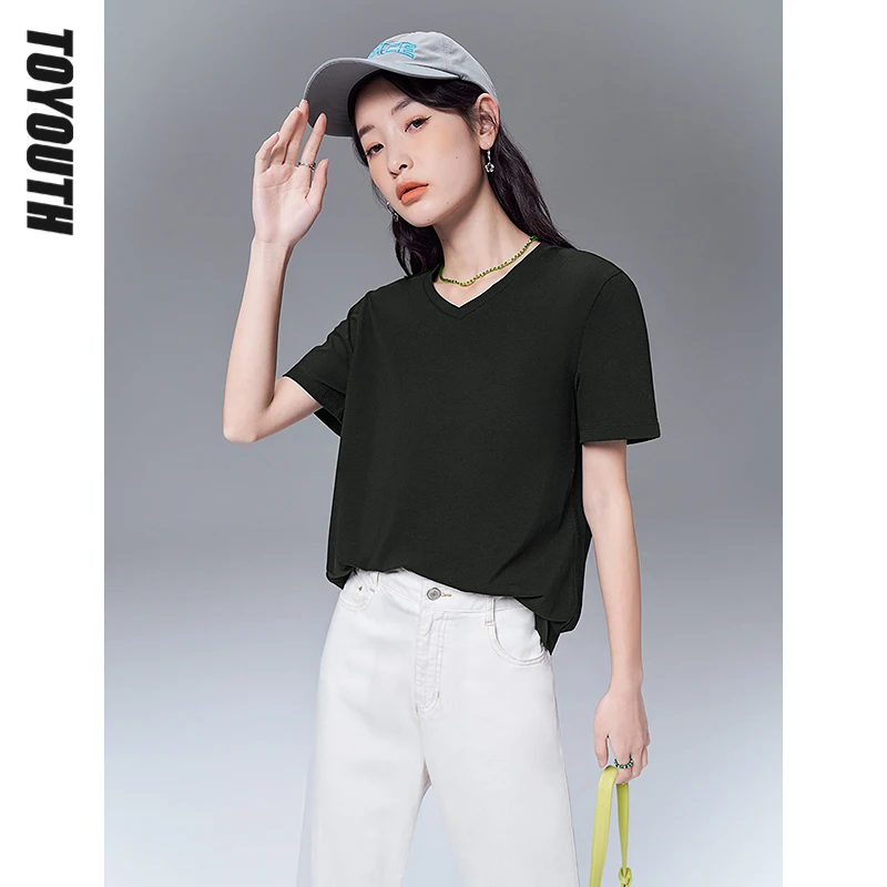 

Toyouth T-shirts 2022 Summer Short Sleeve V Neck Loose Tees Soft Solid Green Khaki Black Casual Basic Tops