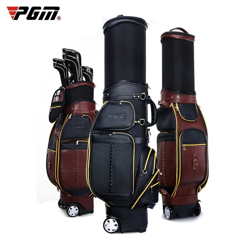 PGM Luxury Men's Golf Clubs Bag Wheel Genuine Leather Golf Aviation Bag with Rain Cover and Lock Portable Golf Gun Bag for Men