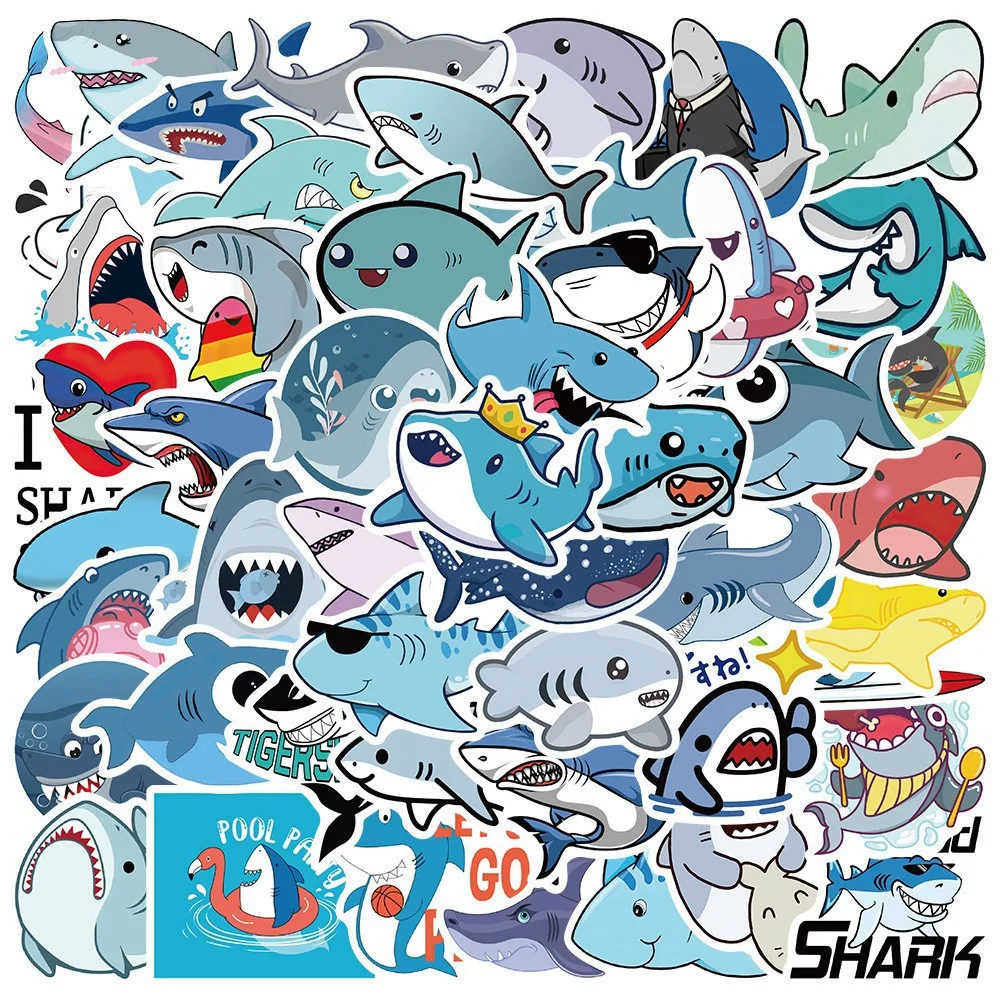 

10/30/50PCS New Shark Animal Sticker Pack Cartoon Creative Animation iPad Luggage TableCar Chair Decoration Waterproof Wholesale