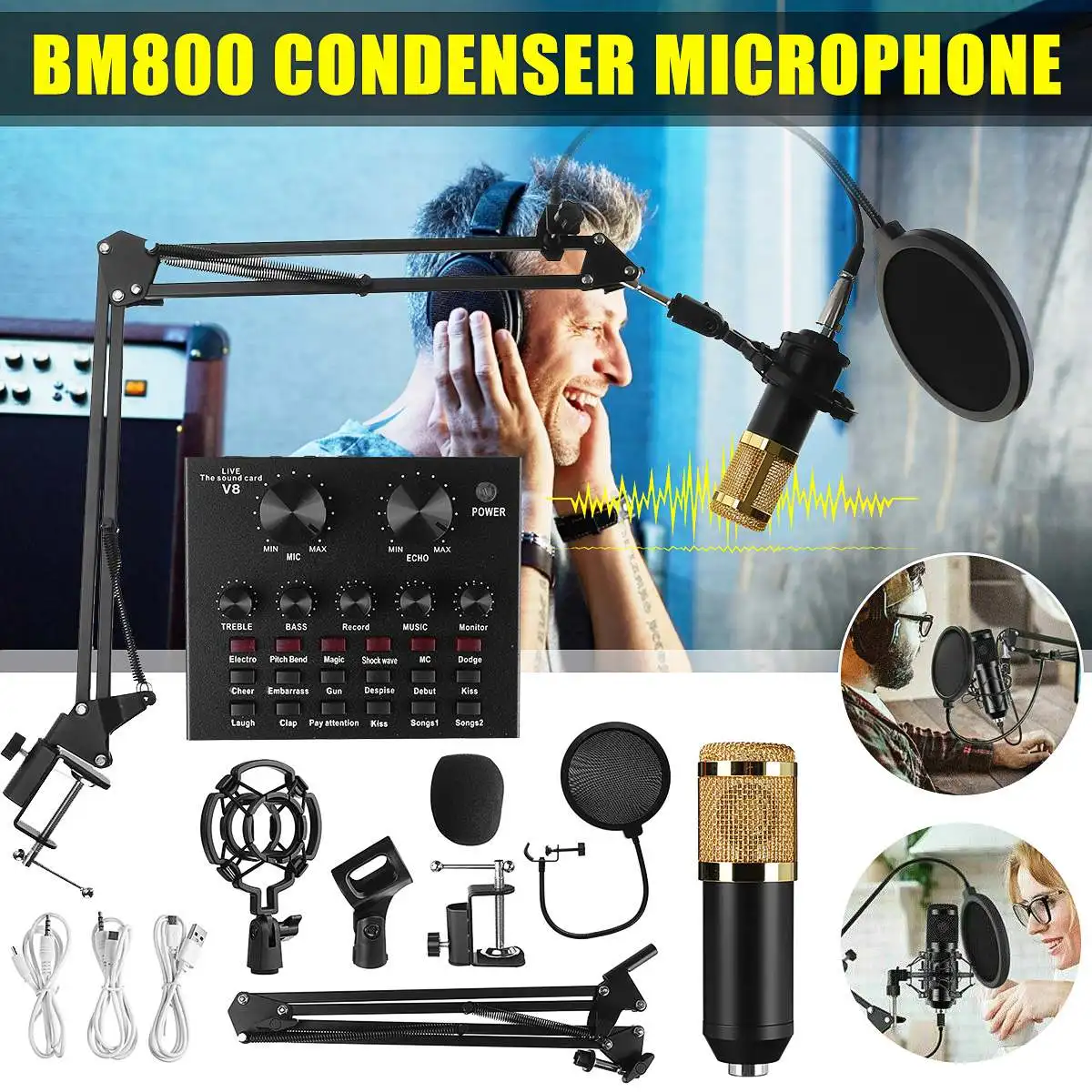 

BM800 Audio Mixer Condenser with Microphone Live Sound Card BT USB Game DSP Recording Professional Streaming with Phantom