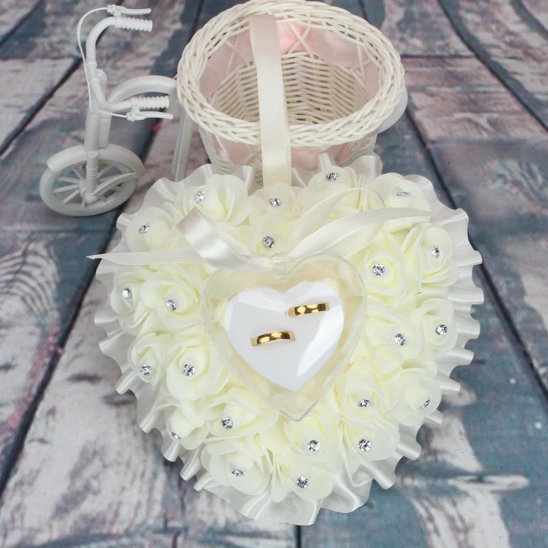 

Wedding Ring Bearer Rose Flowers Pillow Heart Shape Holder Cushion Rings Bearer Pillow Wedding For Valentine's Day Romantic Gift