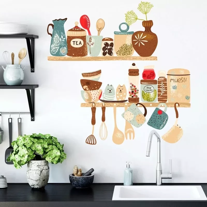 

Creative Kitchen Supplies Pattern Wall Sticker Restaurant Kitchen Shelf Decoration Wallpaper Mural Home Decor Removable Stickers