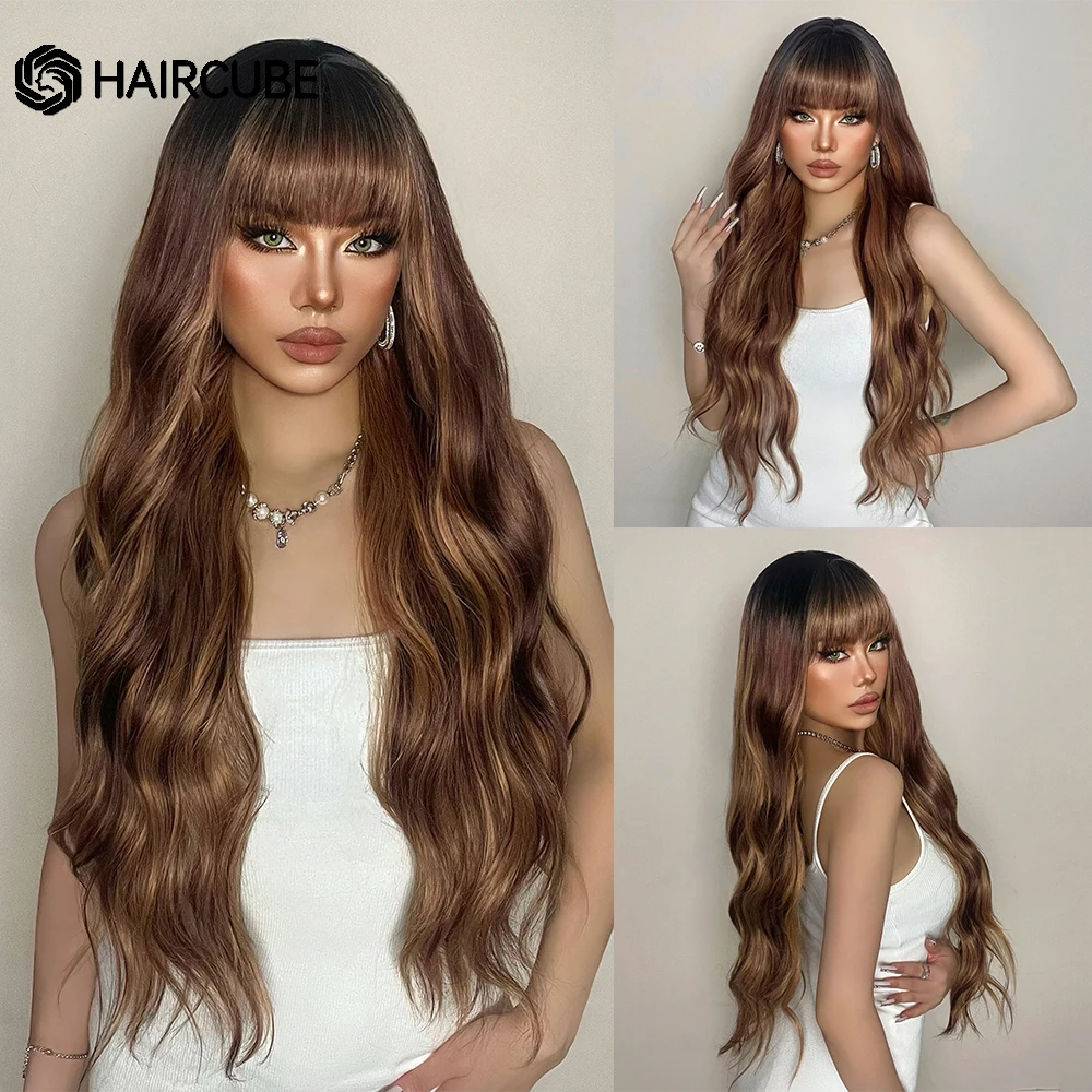 

HAIRCUBE Long Wavy Chestnut Brown Mixed Blonde Synthetic Wigs for Black Women With Bangs Daily Party Heat Resistant Natural Hair
