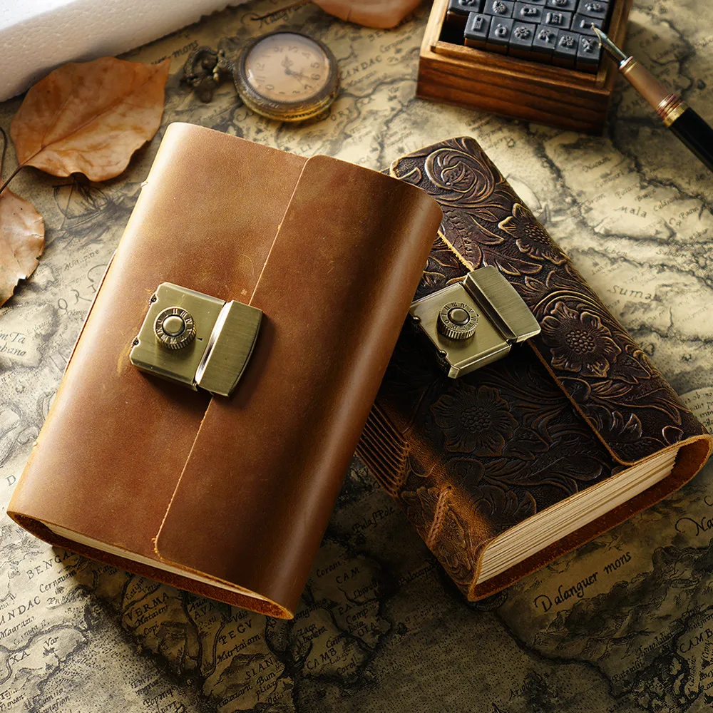 Genuine Leather A7 Size Sketchbook Lock Design Retro Diary Student Password Notebook Classic Handmade Creative Notepad Wholesale