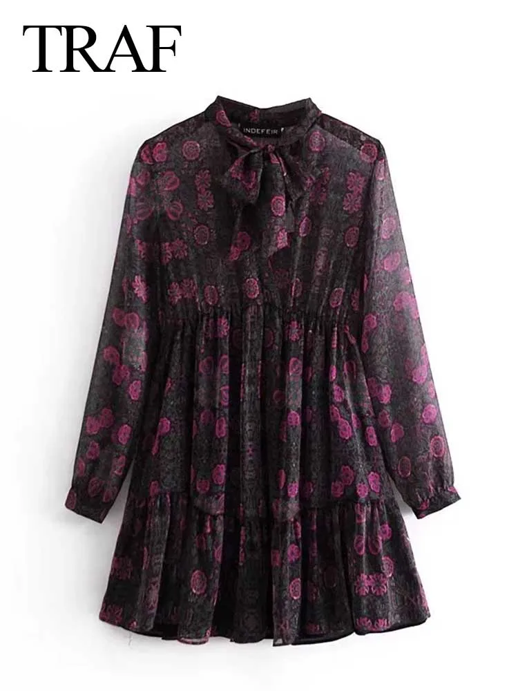 

TRAF Dark Floral Print Sexy Translucent Summer Long Sleeves Mini Lady Dress Elegant Bow Neck Hem Black Lined Women's Dress