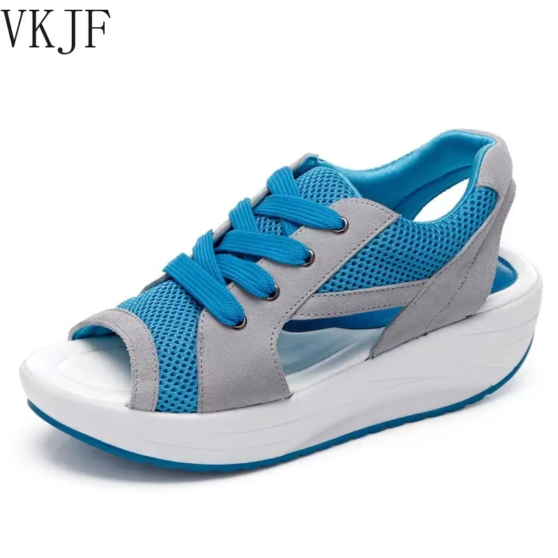 

2023 Fashion Mesh Women Sandals Wedges Platform Chunky Muffin Sandals Open Toe Lace Up Comfortable Women Casual Sports Shoes