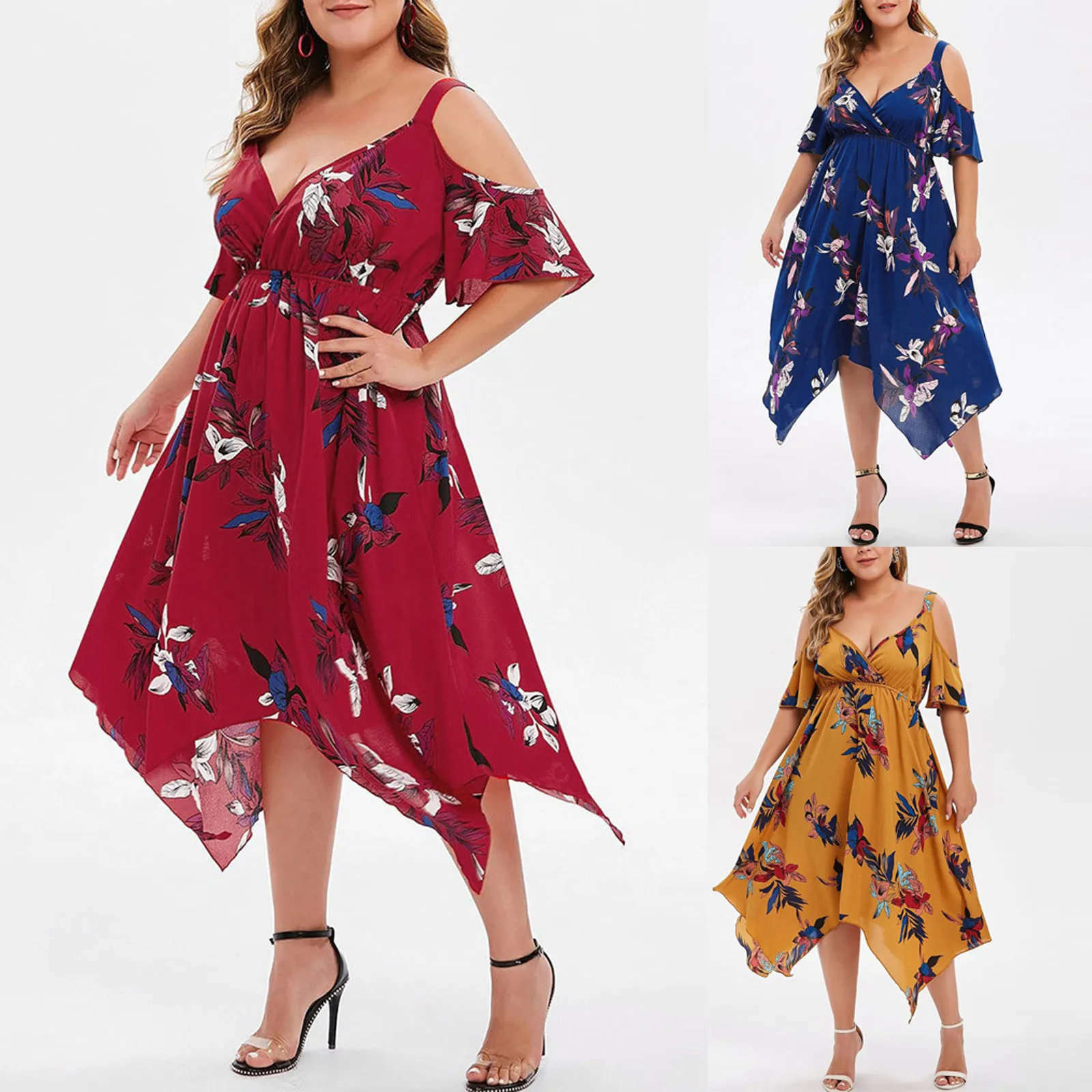 

2022 Women Dress Summer Beach V-Neck Off Shoulder Short Sleeve Sling Dress Floral Print Chiffon Dress Plus Size Women Clothing