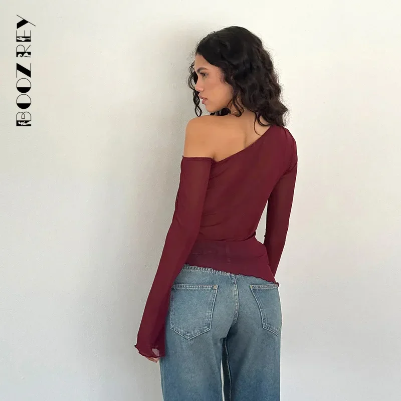 BoozRey 2024 Осень новинка косые плечи сетка без бретелек с длинным рукавом однотонный