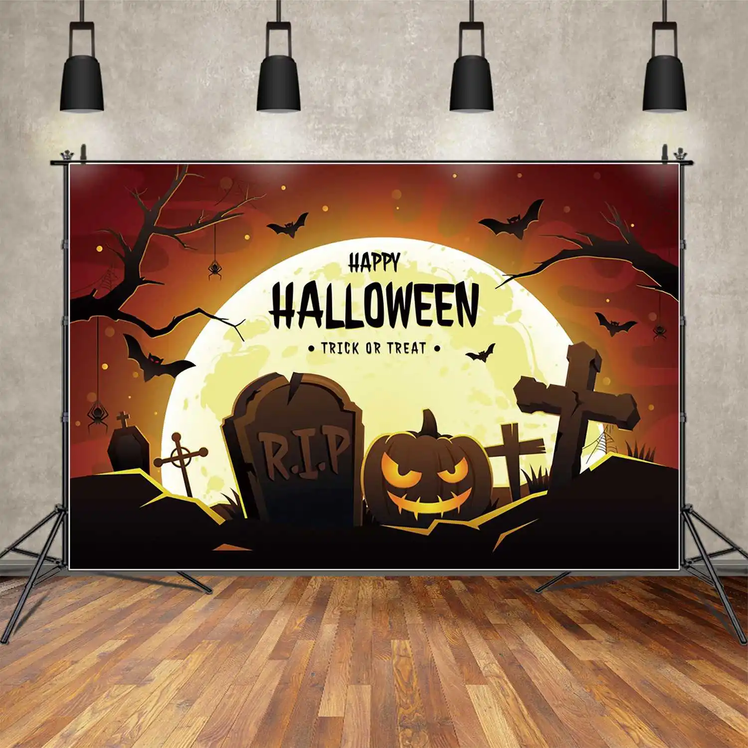 

MOON.QG Photo Backdrop Children Happy Halloween Banner Trick Or Treat Background Party Decoration Pumpkin Moon Tombstone Props