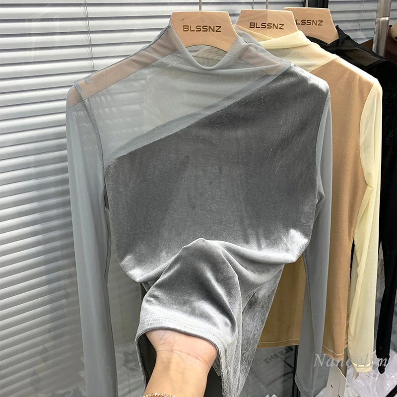 

2022 Spring T-Shirt for Women Half Turtleneck Bottoming Shirts Inner Wear Fashion Trendy Lace Mesh Stitch Gold Velvet Top Mujer