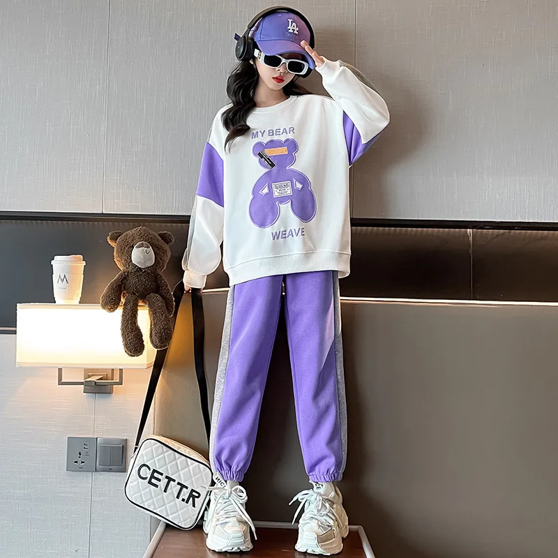 

Girls Suits Spring Autumn Children Bear Sweaters Sets Teen Girls Long Sleeve T-Shirt + Pants 2Pc Tracksuits Kids Loungewear