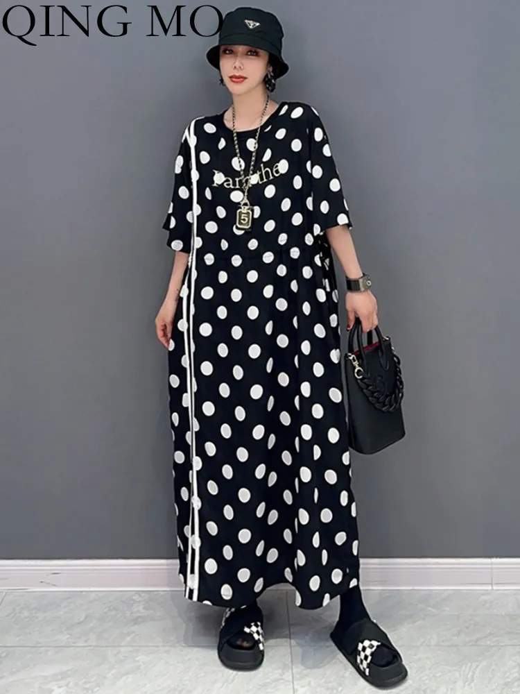 

QING MO 2023 Spring Summer New Korean Fashion Trend Polka Dot Waist Slim Dress For Women ZXF1566