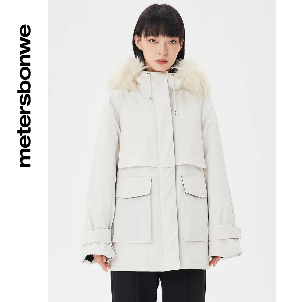 Metersbonwe Hooded Down Jacket Women Thick Winter Coat Female Long Preppy Cocoon Down Jacket Outerwear Warm Jackets Raccoon