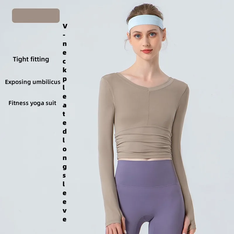 

Spring and Summer New Yoga Suit Long Sleeve Women's V-Neck Pleated Tight Slim Show Umbilical Top Quick Dry Breathable Fitness Su