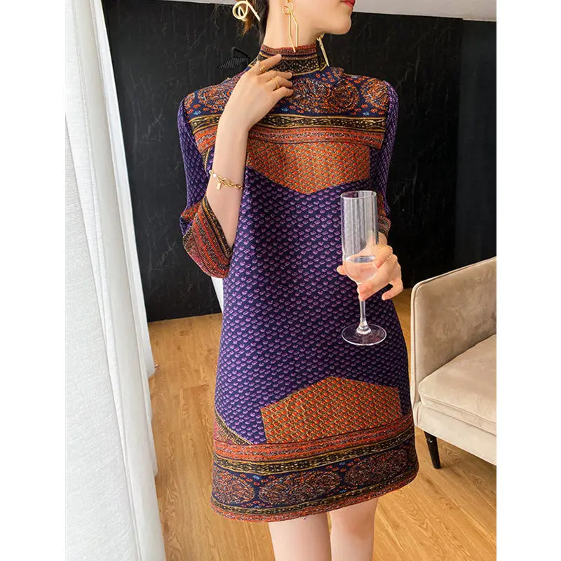 

Retro print pleated dress 2021 spring and autumn new fashion foreign middle-aged mother loose bottoming skirt