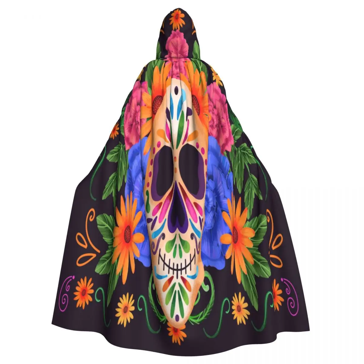 

Adult Cloak Cape Hooded Dia De Muertos Skull With Flowers Medieval Costume Witch Wicca Vampire Elf Purim Carnival Party