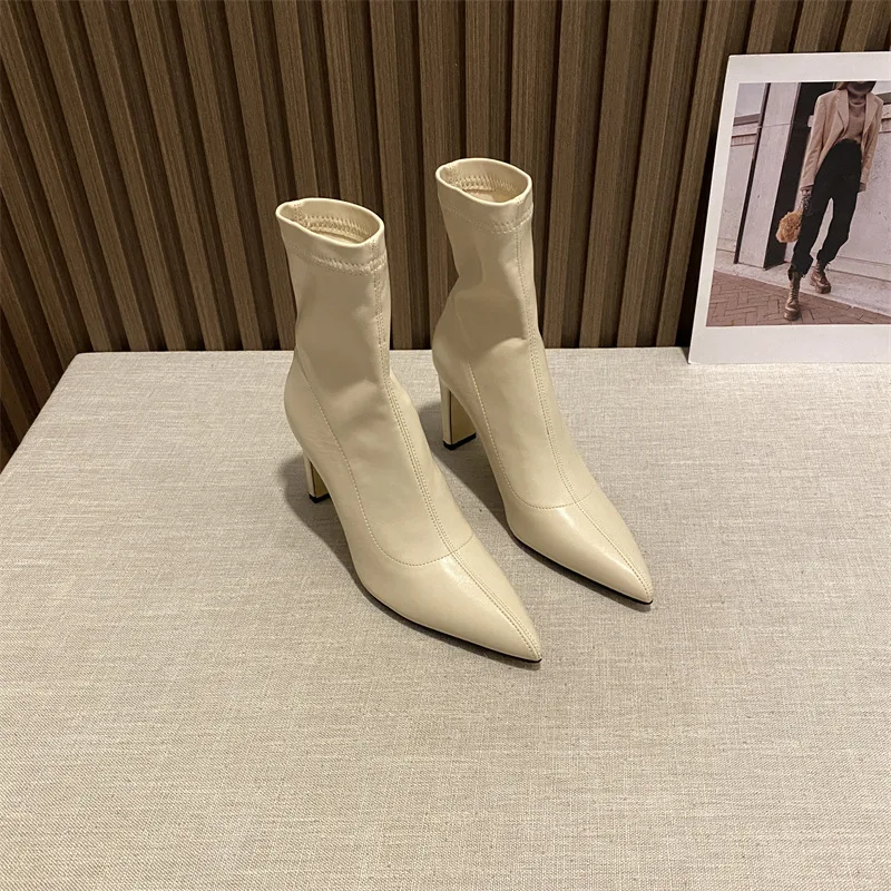 

Sock Boots for Women Sock Ankle Boots Thin Mid Heels Autumn Knitted Boots Pointed Toe Knight Boots Comfortable Slip On