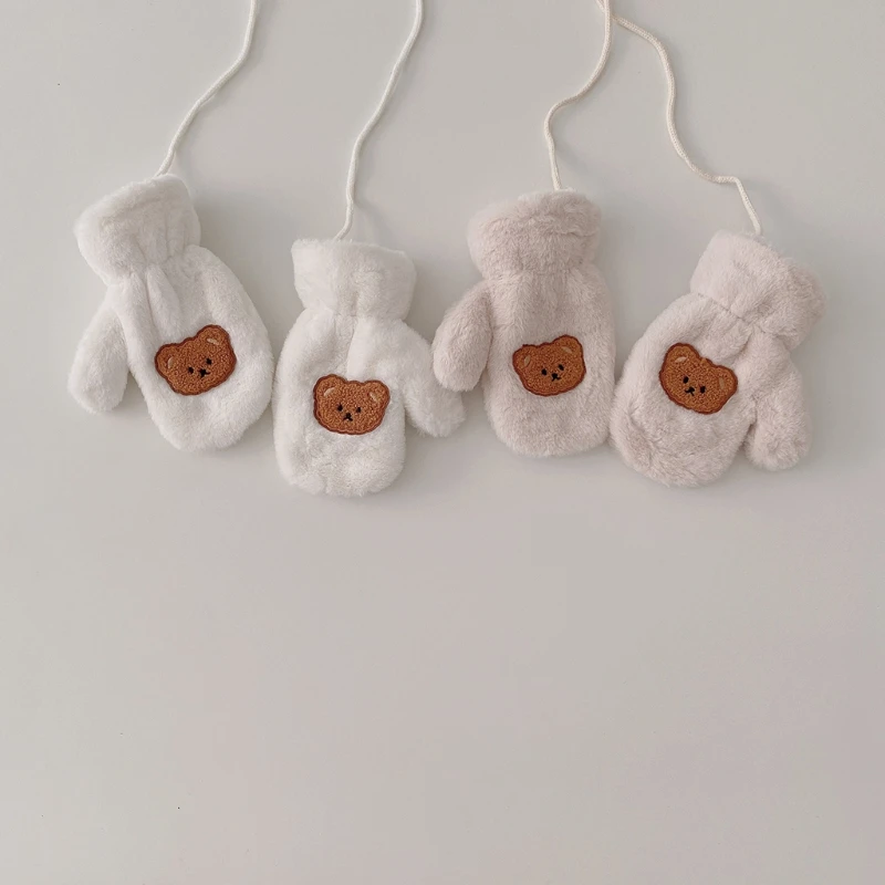 

1 Pair Kids Cartoon Winter Mittens with String Hand Warmer Toddlers Thicken Plush Warm Full Finger Gloves for Newborn Infants