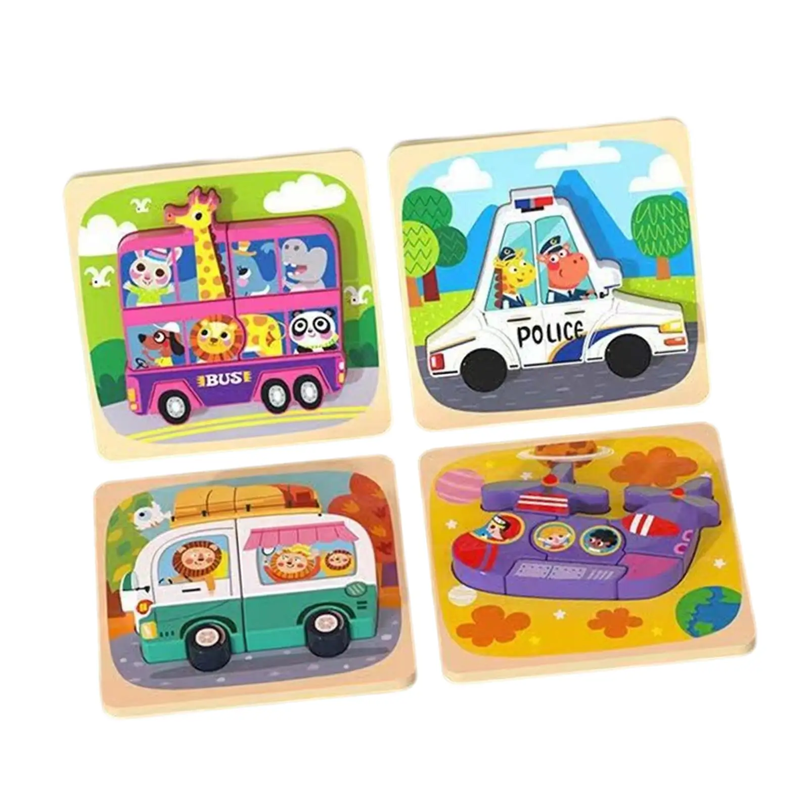 

4 Pieces Montessori 3D Wooden Puzzle Toy Early Leaning Education Toy Car Shape Puzzle Jigsaw Puzzles for Toddlers Boy Children