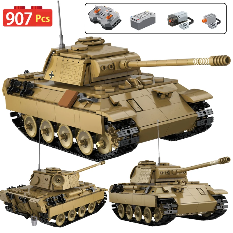 

907pcs Military City WW2 Panther RC Tank Building Blocks RC Weapon Army Remote Control Vehicle Crawler Bricks Toys for Kids Gift