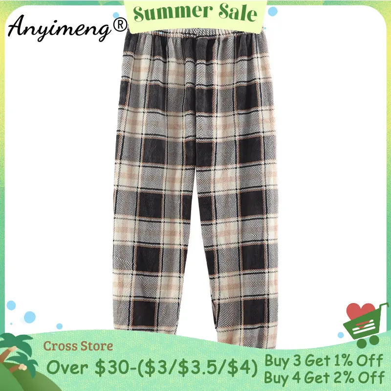 

Winter Flannel Women Sleep Bottoms Plaid Elastic Waist Pajama Pants for Woman Kawaii Teddy Fluffy Style Girls Casual Soft Bottom