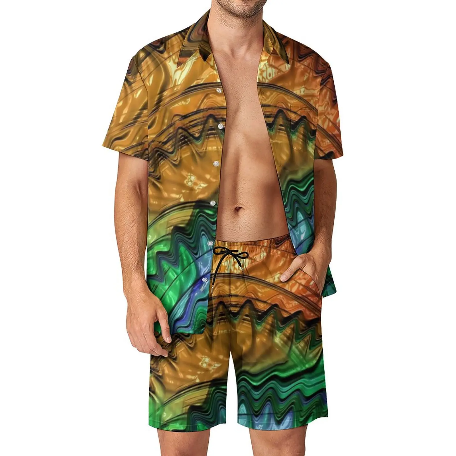 

Metallic Rainbow Design Men Sets Digital Art Hawaii Casual Shirt Set Short Sleeve Graphic Shorts Summer Beach Suit Plus Size