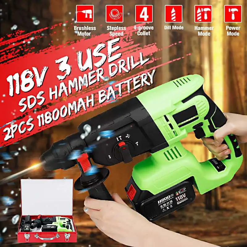 

Brushless Cordless Rotary Hammer Drill 2xLithium-ion Batteries Rechargeable Electric Hammer Impact Drill forMakita 18V Battery