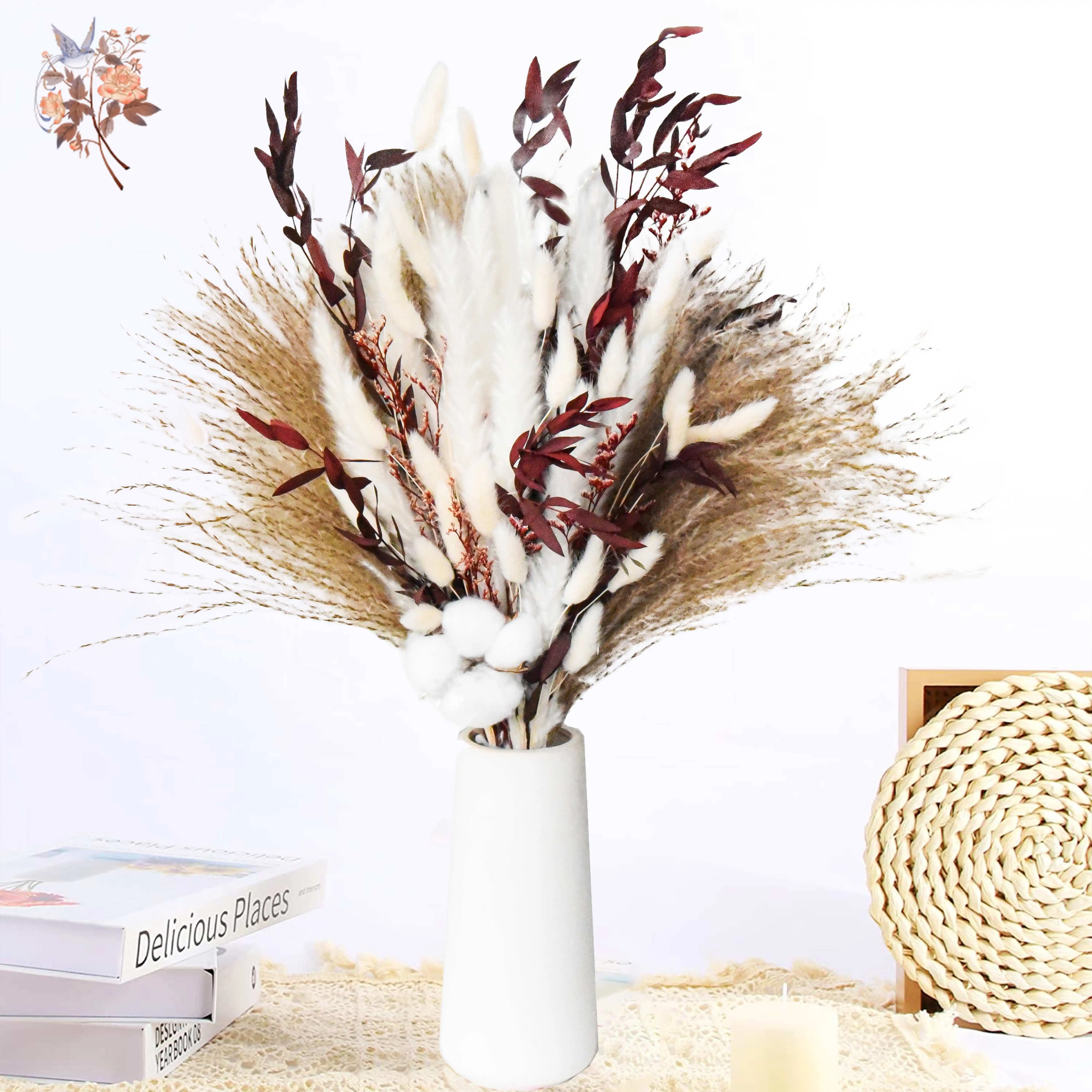 

Natural Dried Fluffy Pampas Grass Bouquet Decor Wedding Flower Phragmites Bunny Reed Tails Eucalyptus Boho Home Party Decoration