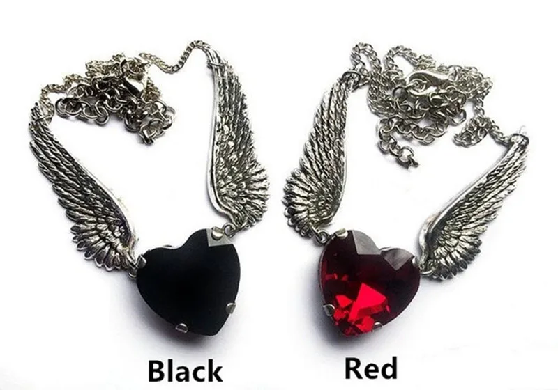 

Gothic Vintage Angel Wings Necklace Red/black Heart-shaped Crystal Necklace Fashion Witch Jewelry Witchcraft Pagan Gift