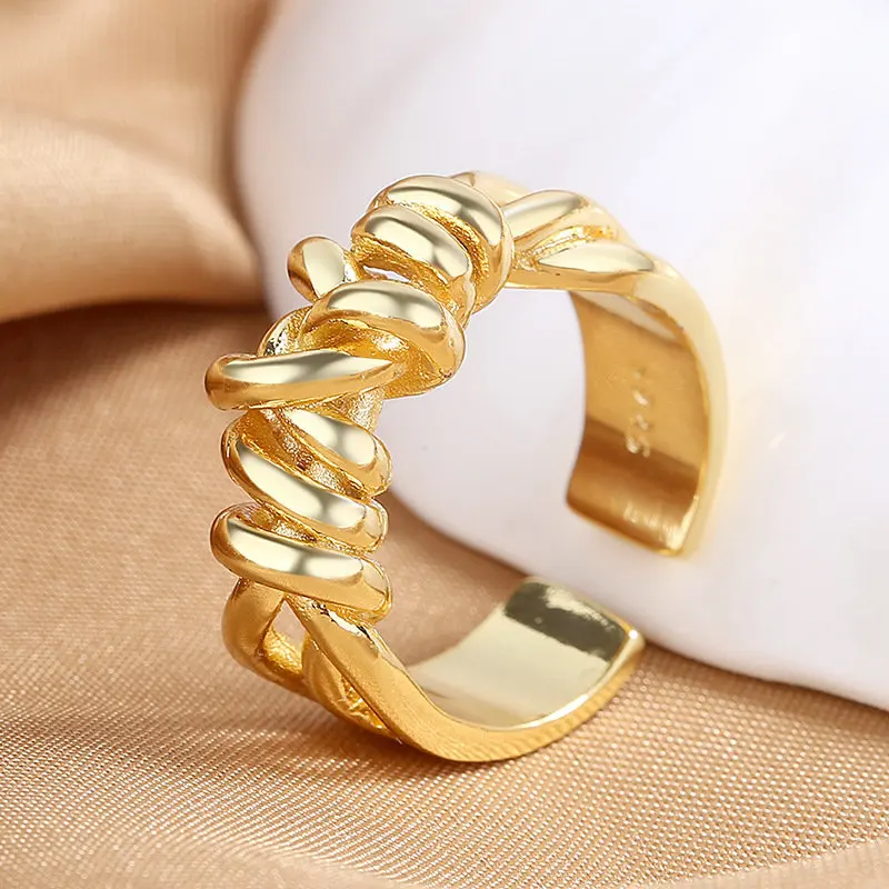 

New S925 Sterling Silver Personalized Punk Braided Gold Open Ring For Women Couple Fashion Charm Party Gift Jewelry