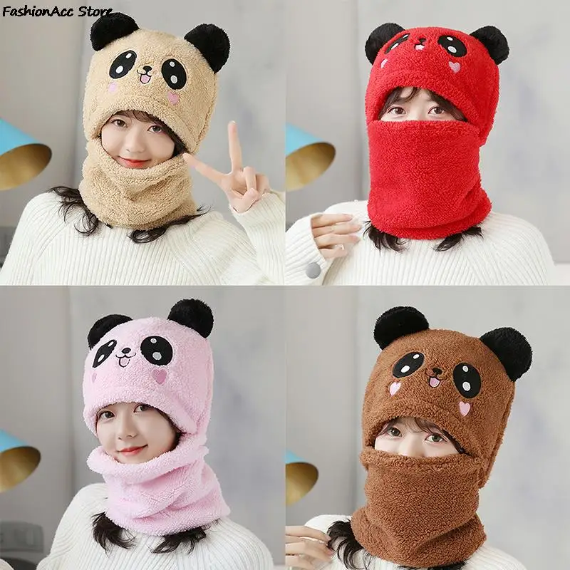 

Cartoon Panda Beanie Hat With Mask Warm Balaclava Winter Thickened Ear Protection Autumn Beanies for Women