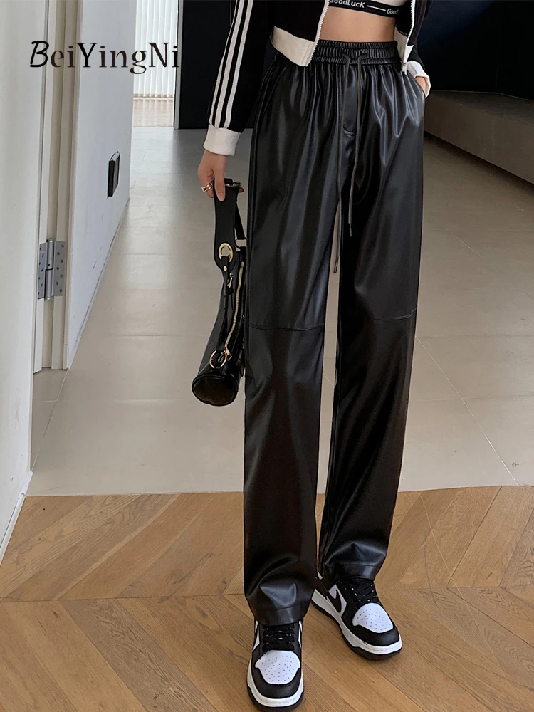 

Женские прямые брюки Beiyingni из искусственной кожи, корейские повседневные винтажные классические эластичные кожаные брюки на шнуровке с высокой талией, женские черные брюки
