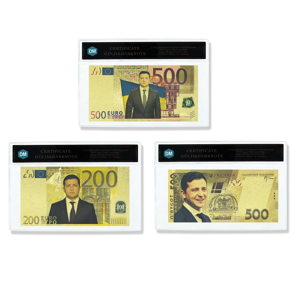 

Zelensky 500 UAH Gold Foil Banknote Ukrainian President's 200EUR Commemorative Banknote with Protective Cover Collection Gift