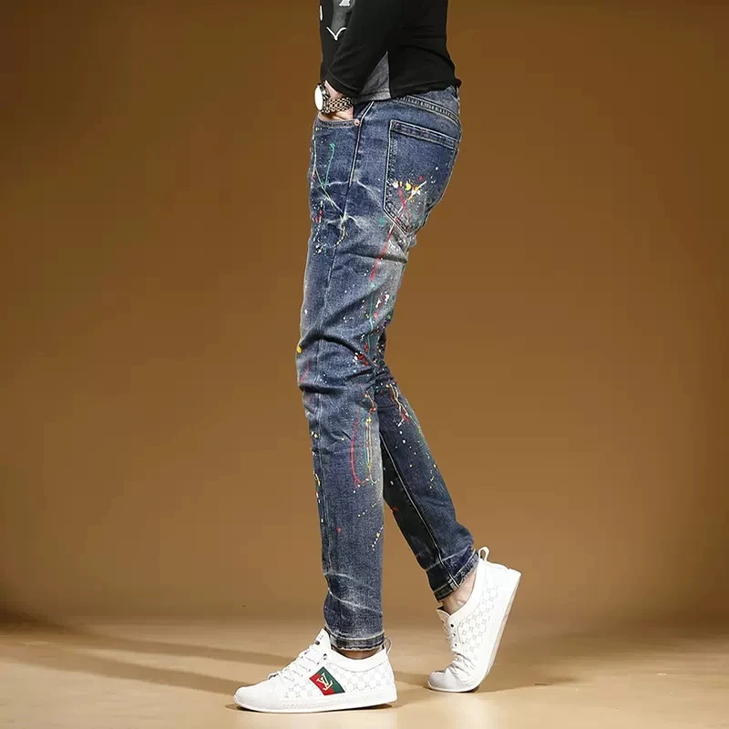 Autumn Graffiti Printed Blue Jeans Men Streetwear Casual Slim Fit Pencil Pants Fashion Stretch Denim Trousers