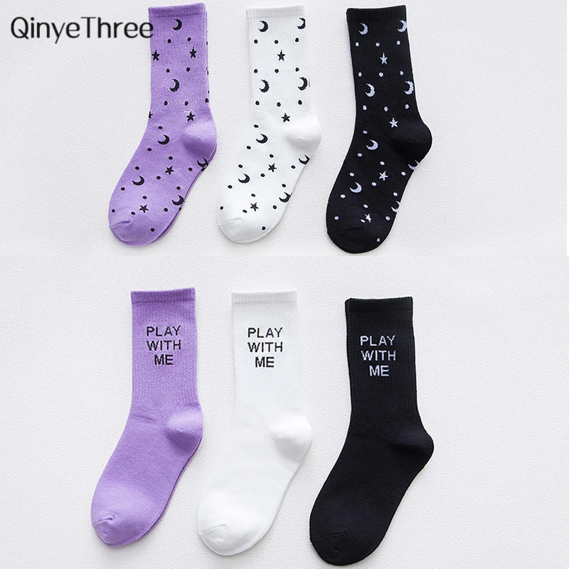 

Women Cotton Skateboard Street Hip Hop Socks Unisex Harajuku Calcetines Tube Sokken Stars Moon Funny Printing "Play With Me" Sox