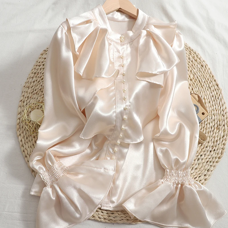 

Элегантная атласная блузка с бисером, Женская белая рубашка с оборками и расклешенными рукавами, женские рубашки на пуговицах, Женская офис...