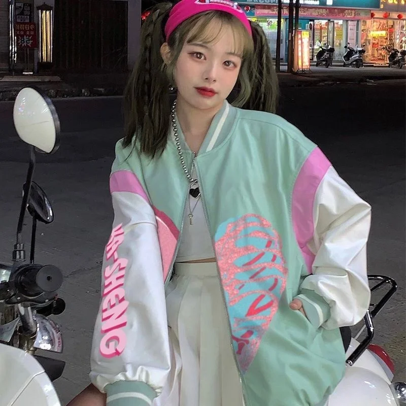 2023 Autumn New Y2K Bomber Jacket Women Korean Fashion Heart-shaped Print Sweet Streetwear Clothing Zip Up Baseball Coat Outwear